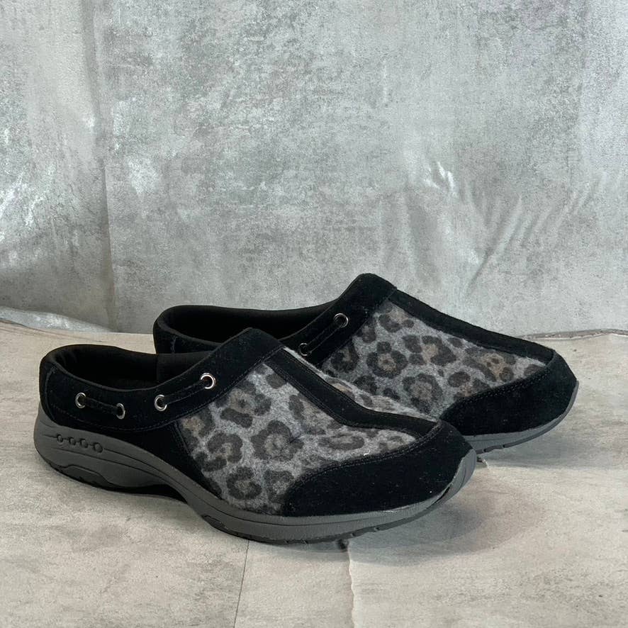 EASY SPIRIT Women's Black Leopard-Print Travelport 108 Slip-On Clogs SZ 10
