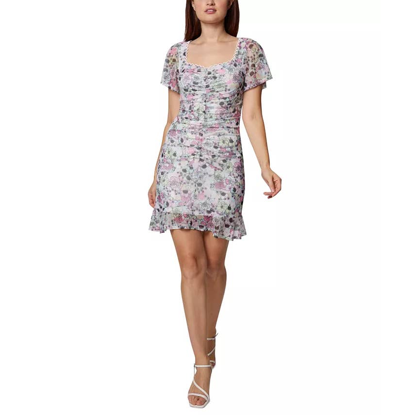 BCBGENERATION Women's Garden Printed Scoop-Neck Ruched Mesh Mini Dress SZ 14