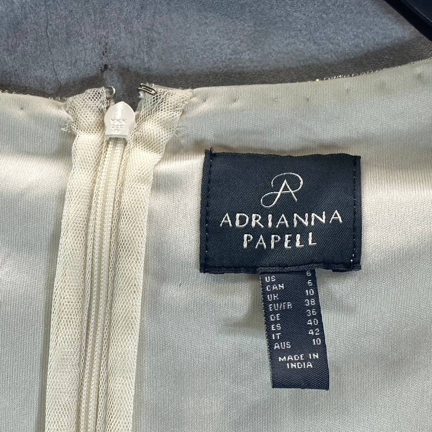 ADRIANNA PAPELL Women's Sandshell Beaded Mesh Short Elbow Sleeve Tulle Gown SZ6