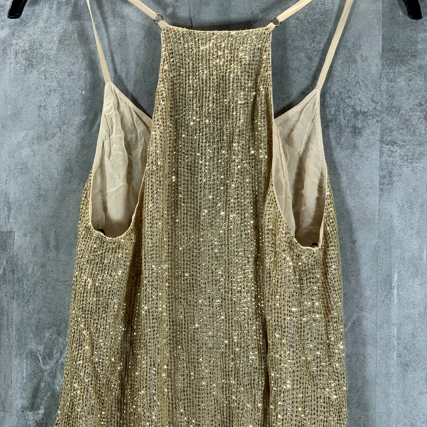 MLV Women's Gold Sequin Carmen V-Neck Adjustable-Straps Mini Dress SZ S
