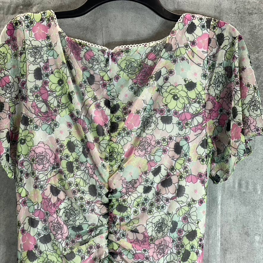 BCBGENERATION Women's Garden Printed Scoop-Neck Ruched Mesh Mini Dress SZ 14