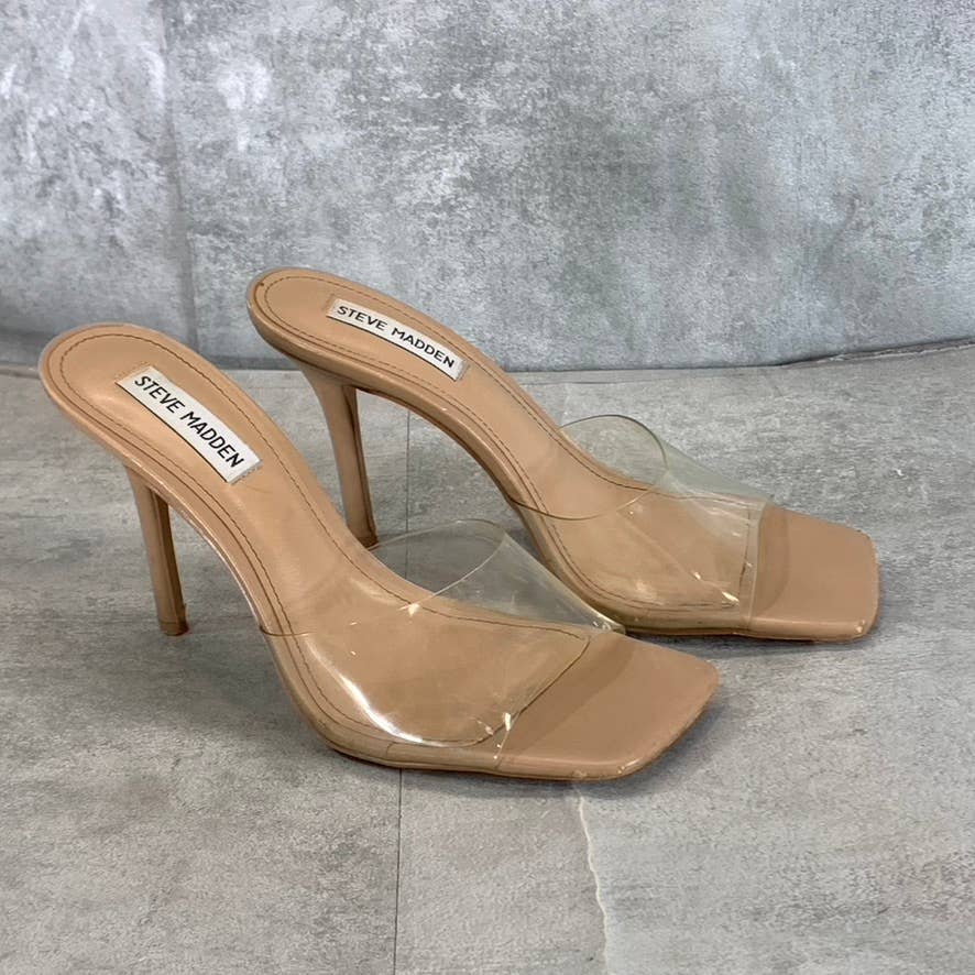 STEVE MADDEN Women's Clear Vinyl Signal Square-Toe Mule Stiletto Sandals SZ 8