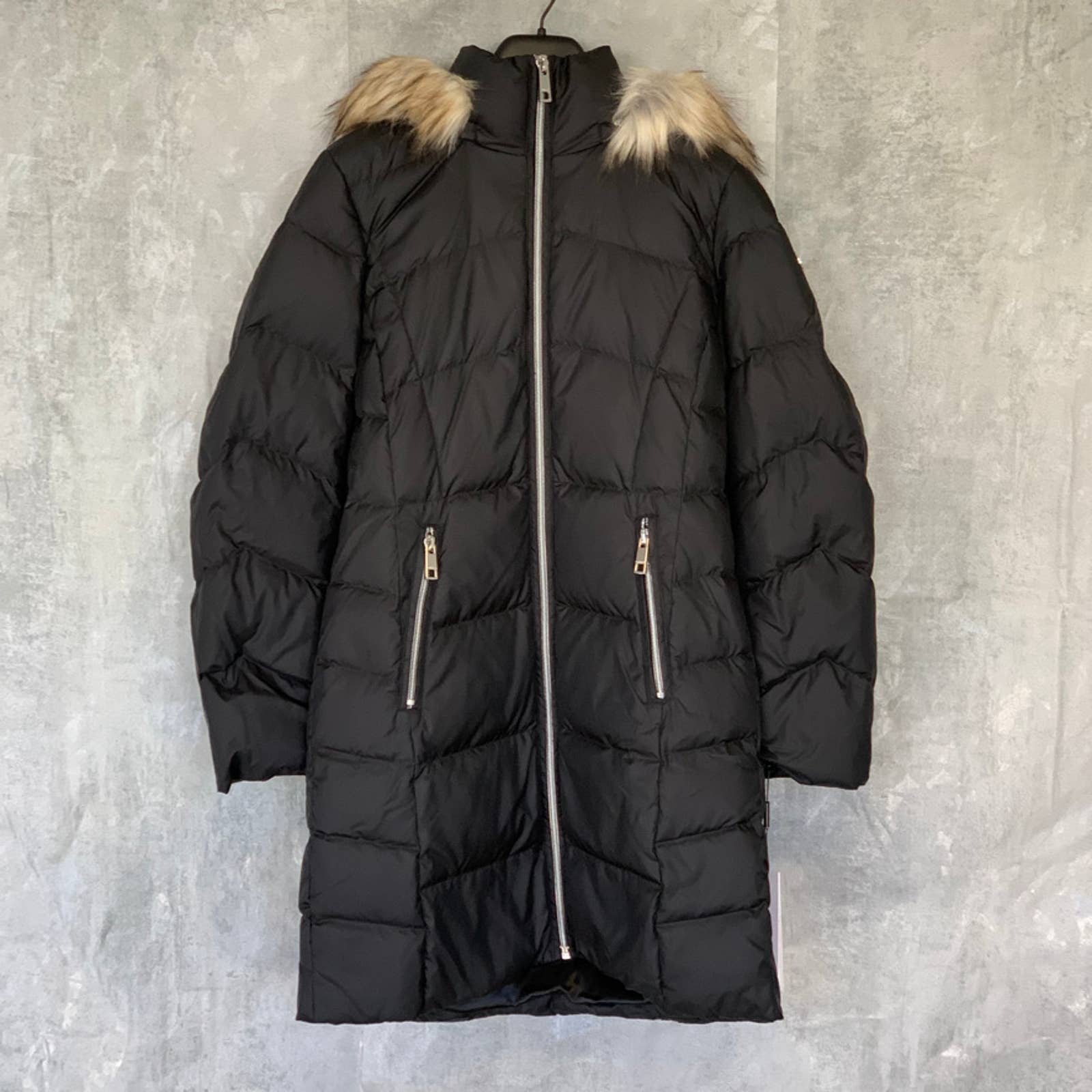 CALVIN KLEIN Solid Black Detachable Faux-Fur Hooded Full-Zip Puffer Jacket SZ S