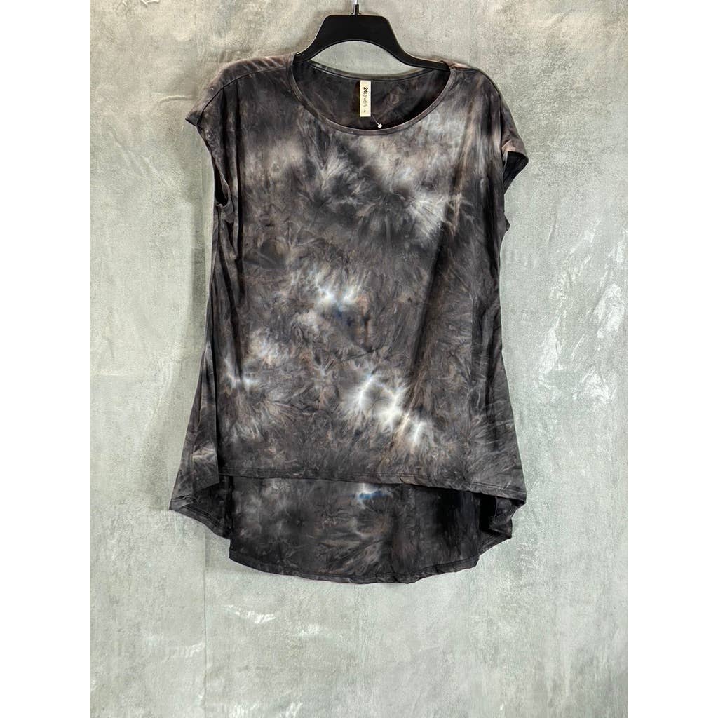 24SEVEN Women's Charcoal Tie-Dye Crewneck Hi-Low Hem Short-Sleeve Tunic Top SZXL