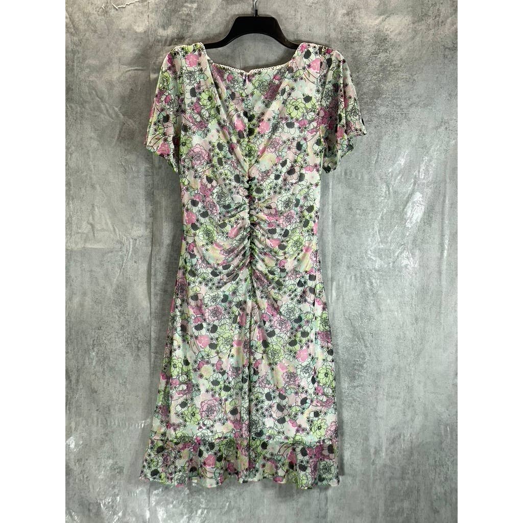 BCBGENERATION Women's Garden Printed Scoop-Neck Ruched Mesh Mini Dress SZ 14