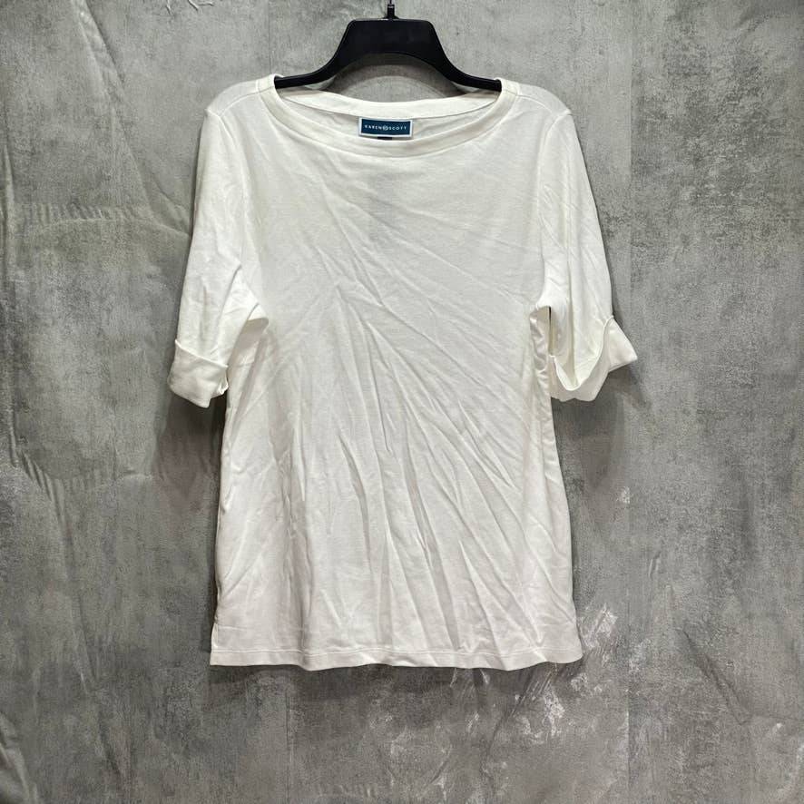 KAREN SCOTT Solid White Cuffed Elbow Sleeve Boatneck Top SZ L