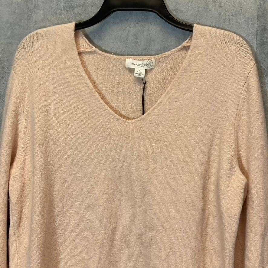 TREASURE & BOND Women's Pink Hero V-Neck Long Ribbed Cuffs Pullover Sweater SZ S