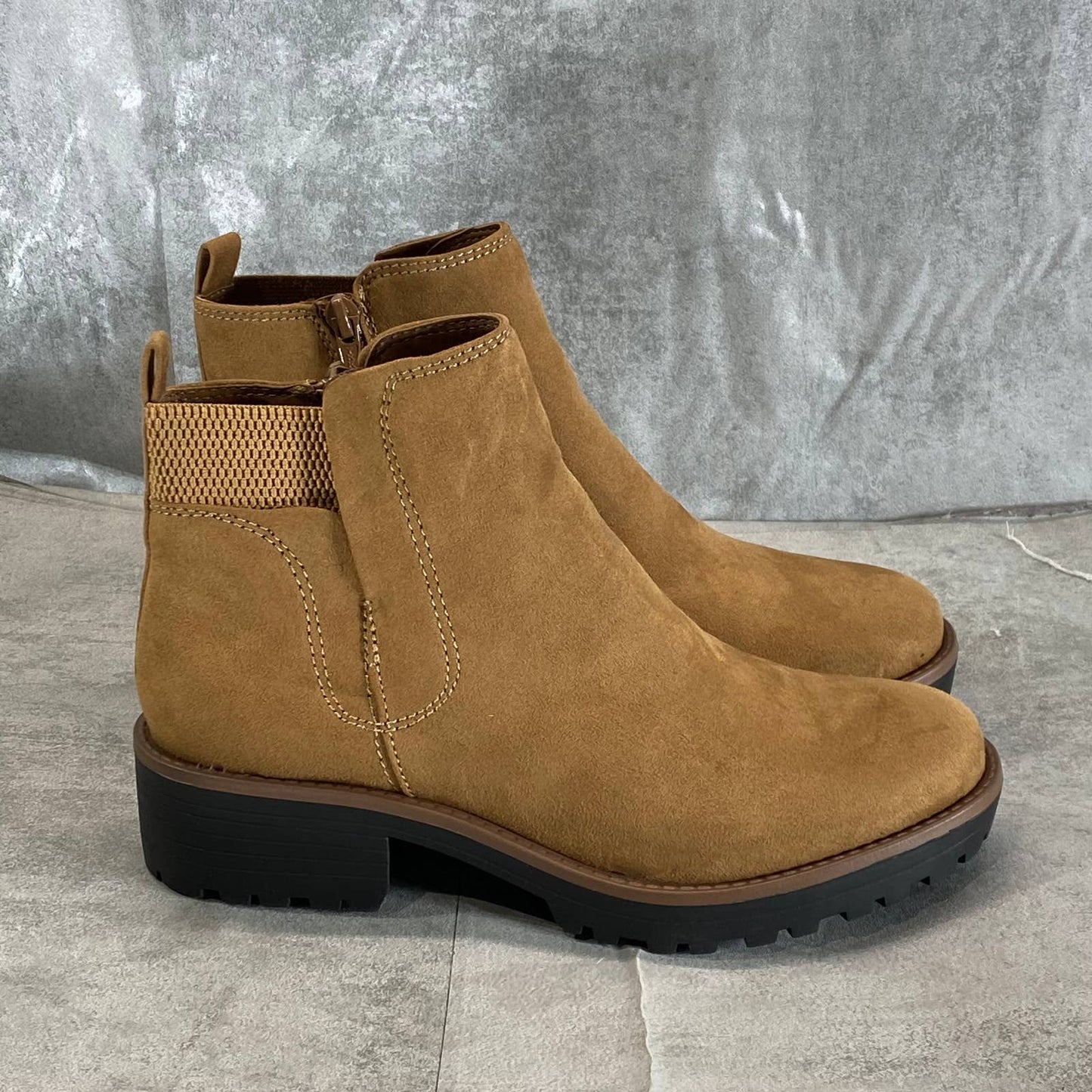 SUN+STONE Women's Tan Micro Kandy Lug-Sole Block-Heel Side-Zip Ankle Boots SZ 8