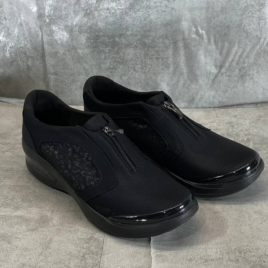 BZEES Women's Black Leopard Twill Fabric Florence Front-Zip Slip-On Sneaker SZ10