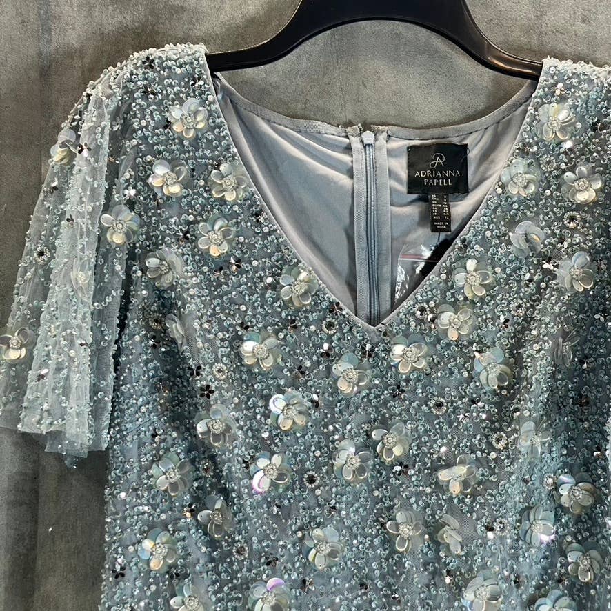 ADRIANNA PAPELL Women's Glacier Sequin Beaded V-Neck Flutter-Sleeve Dress SZ8