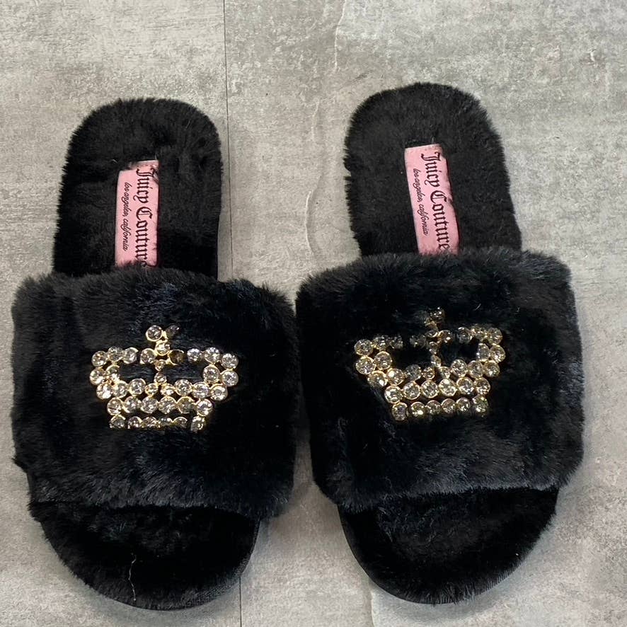 JUICY COUTURE Women's Black Faux-Fur Gwenno Crown Memory Foam Slide Slippers SZ7