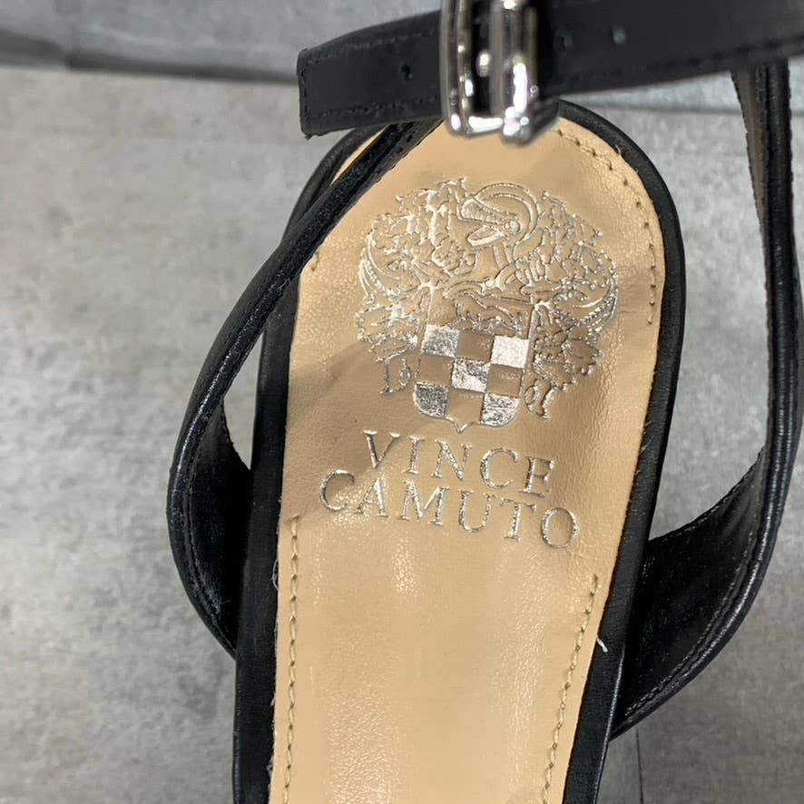 VINCE CAMUTO Women's Black Leather Saprenda Square-Toe High-Heel Sandals SZ 7.5