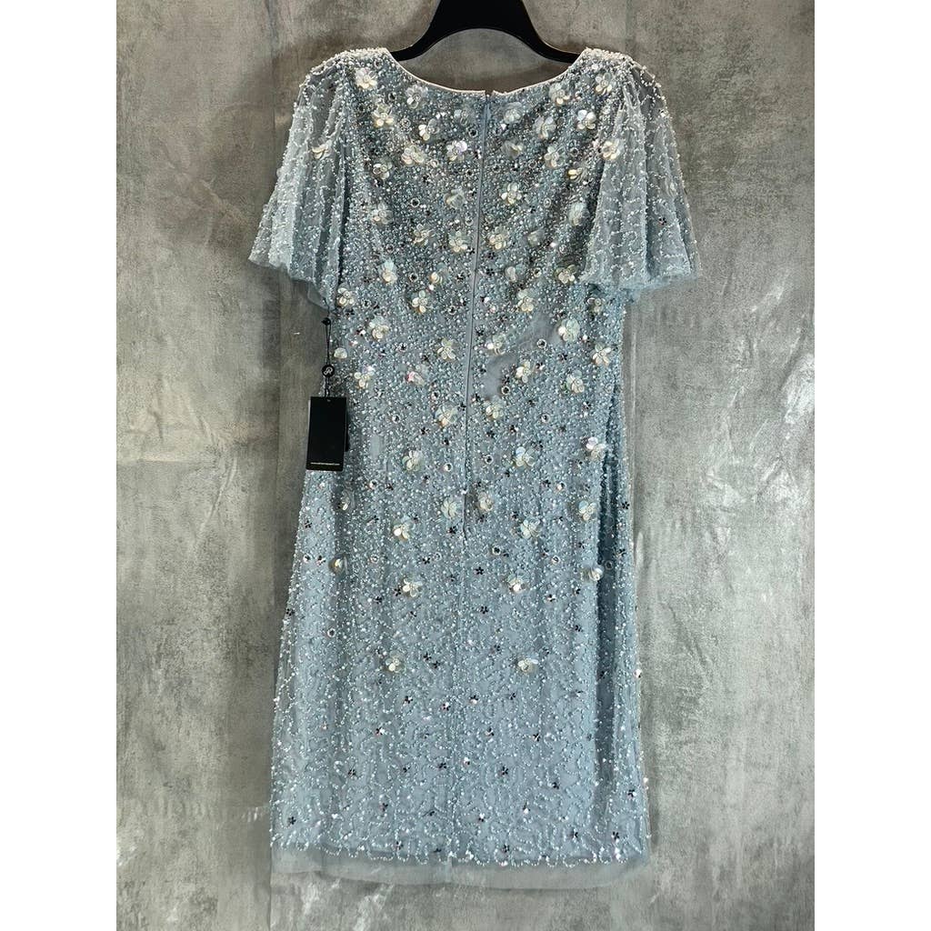 ADRIANNA PAPELL Women's Glacier Sequin Beaded V-Neck Flutter-Sleeve Dress SZ8