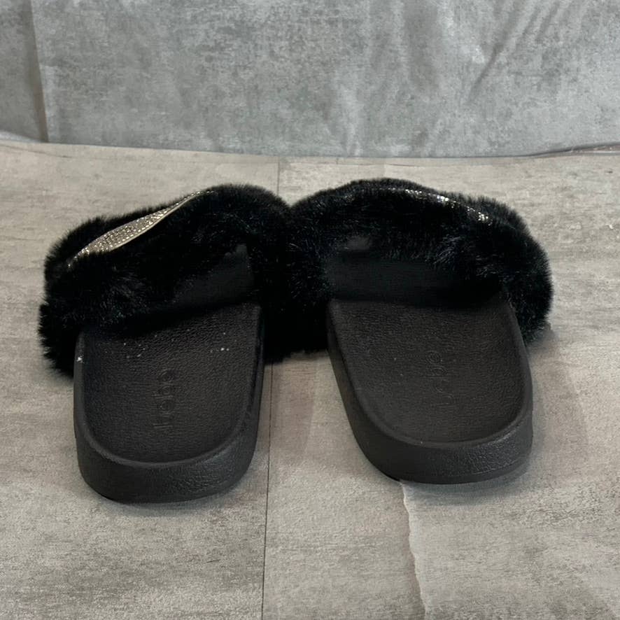 BEBE Women's Flynna Faux-Fur Rhinestone Embellished Slide Sandals SZ 7