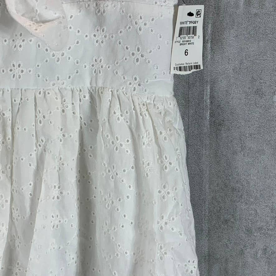 BAR III Women's Bright White Sweetheart Tie-Neck Eyelet Puff-Sleeve Dress SZ 6