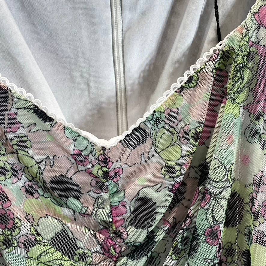 BCBGENERATION Women's Garden Printed Scoop-Neck Ruched Mesh Mini Dress SZ 14