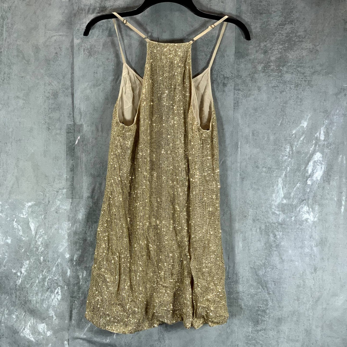 MLV Women's Gold Sequin Carmen V-Neck Adjustable-Straps Mini Dress SZ S
