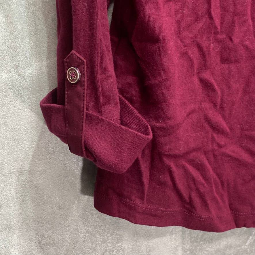 KAREN SCOTT Merlot Cotton 3/4 Roll-Tab-Sleeve Collar Top SZ M