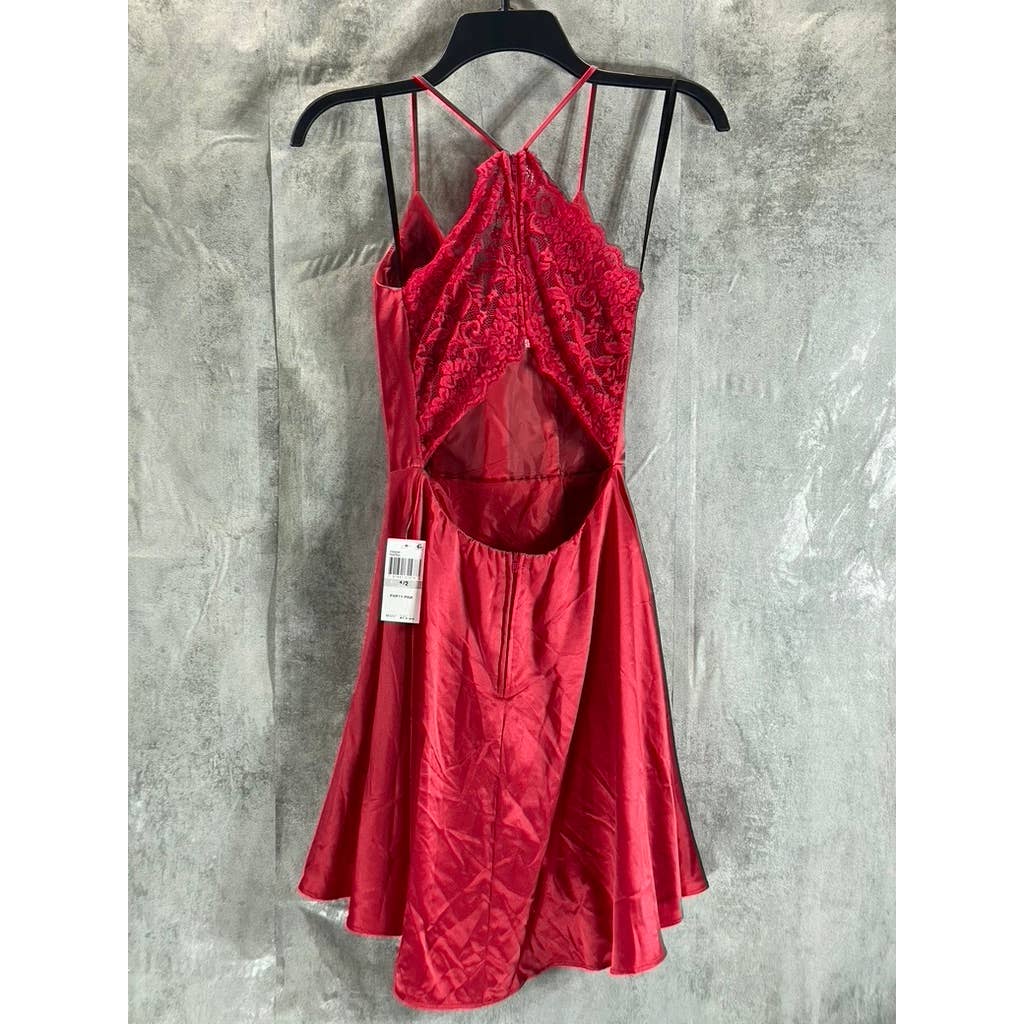 B. DARLIN Juniors' Crimson Red Satin V-Neck Lace-Back Pocketed Mini Dress SZ 1/2