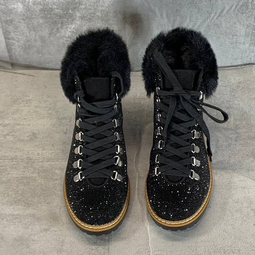 INC INTERNATIONAL Women's Black Pravale Bling Faux-Fur Lace-Up Hiker Boots SZ 8