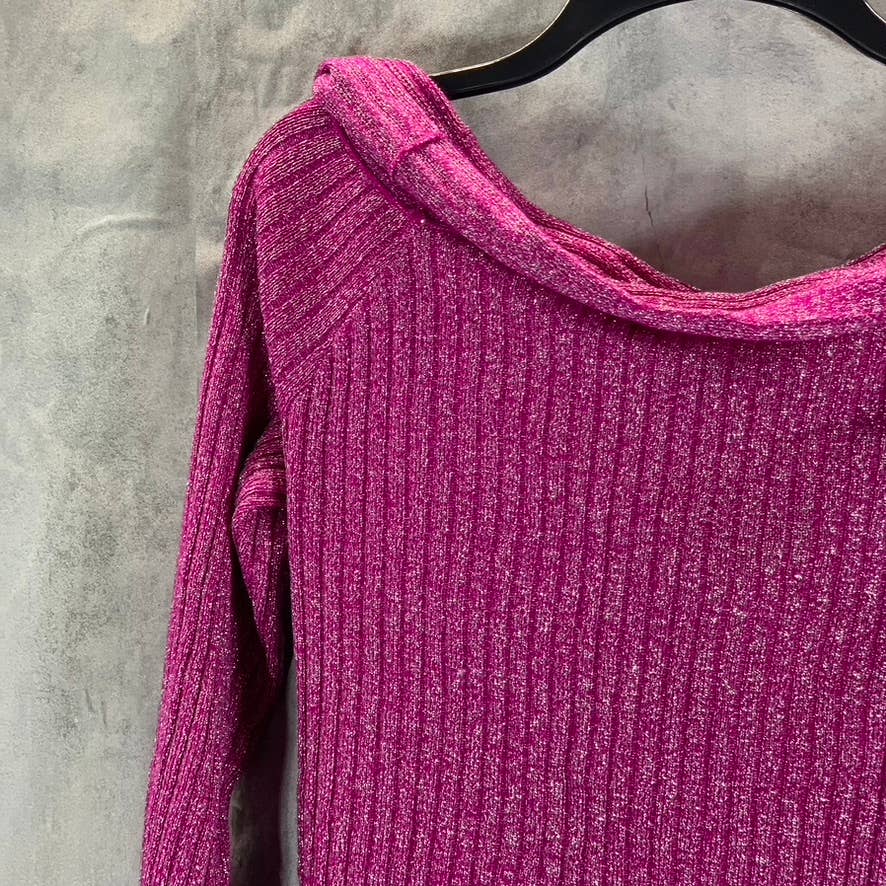 INC Women's Fuchsia Pop Metallic Ribbed Off-The-Shoulder Sweater SZ M