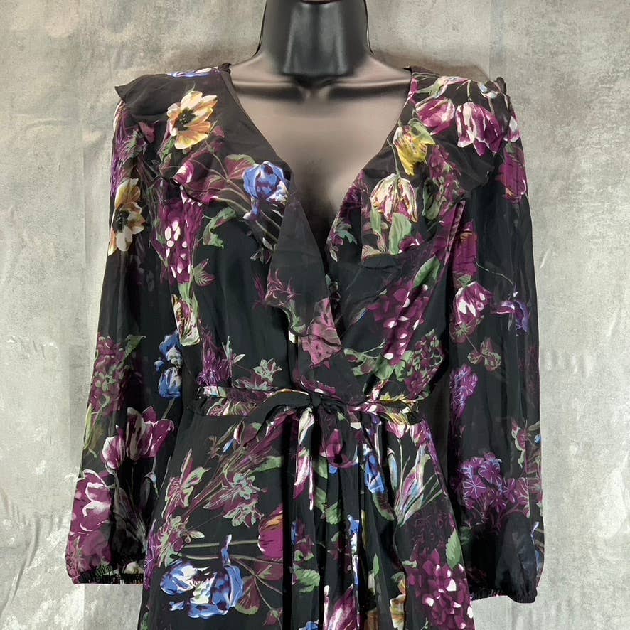 NY COLLECTION Women's Black-Plum Floral 3/4 Sleeve Tie-Waist Ruffle Dress SZ M