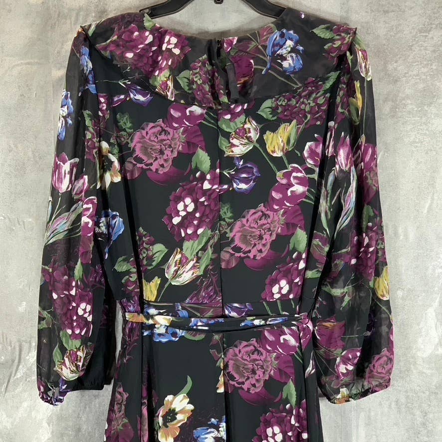 NY COLLECTION Women's Black-Plum Floral 3/4 Sleeve Tie-Waist Ruffle Dress SZ M