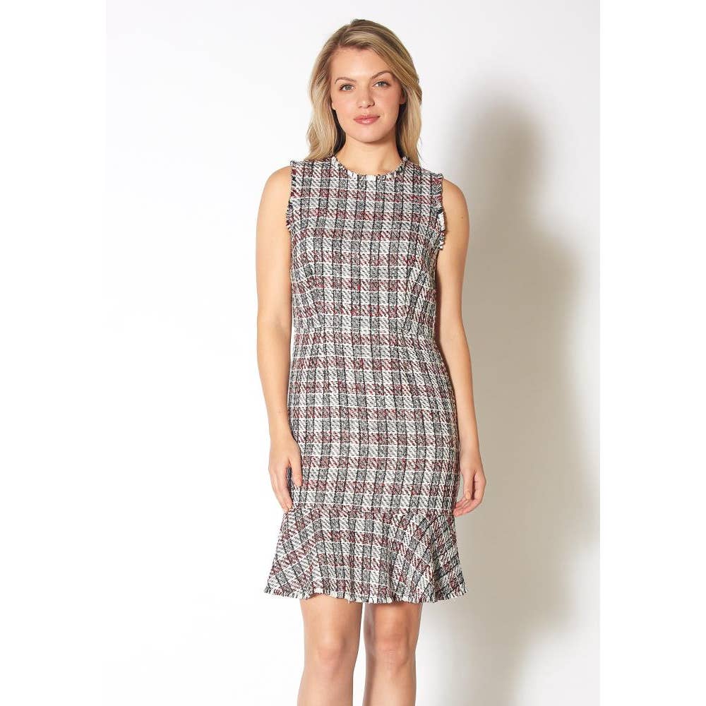 PLEIONE Women's Black/Red Tweed Printed Frayed Trim Sleeveless Mini Bodycon Dress SZ L