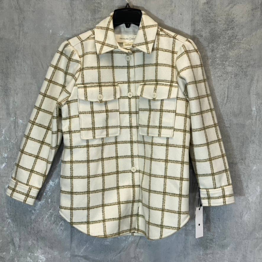 TREASURE & BOND Women's Ivory Carsonpane Plaid Puff Sleeve Shirt Jacket SZ S