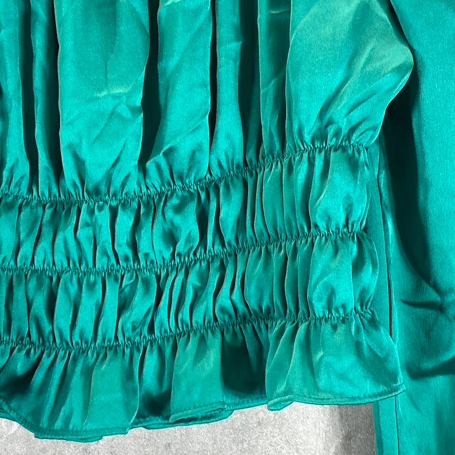 BAR III Women's Mid Green Satin Square-Neck Smocked Puff-Sleeve Top SZ XS