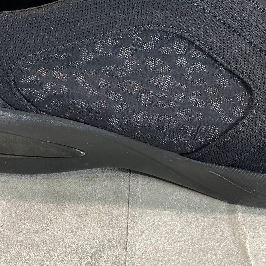 BZEES Women's Black Leopard Twill Fabric Florence Front-Zip Slip-On Sneaker SZ10