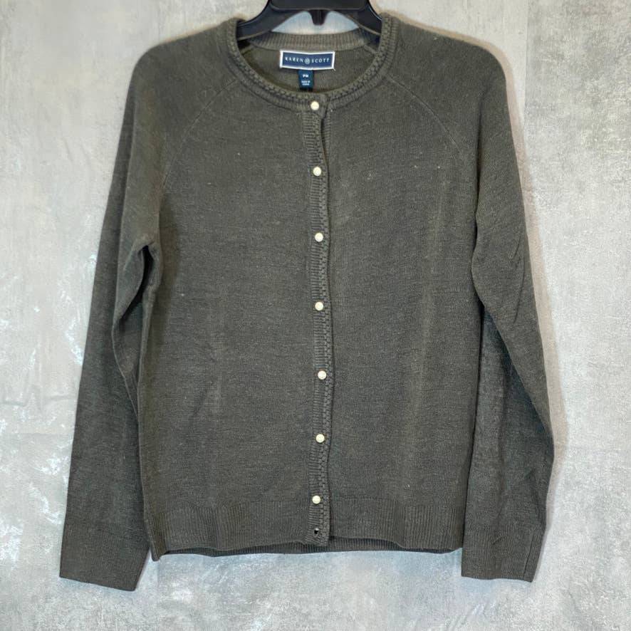 KAREN SCOTT Women's Petite Charcoal Luxsoft Pearl-Style-Button Cardigan SZ P/M