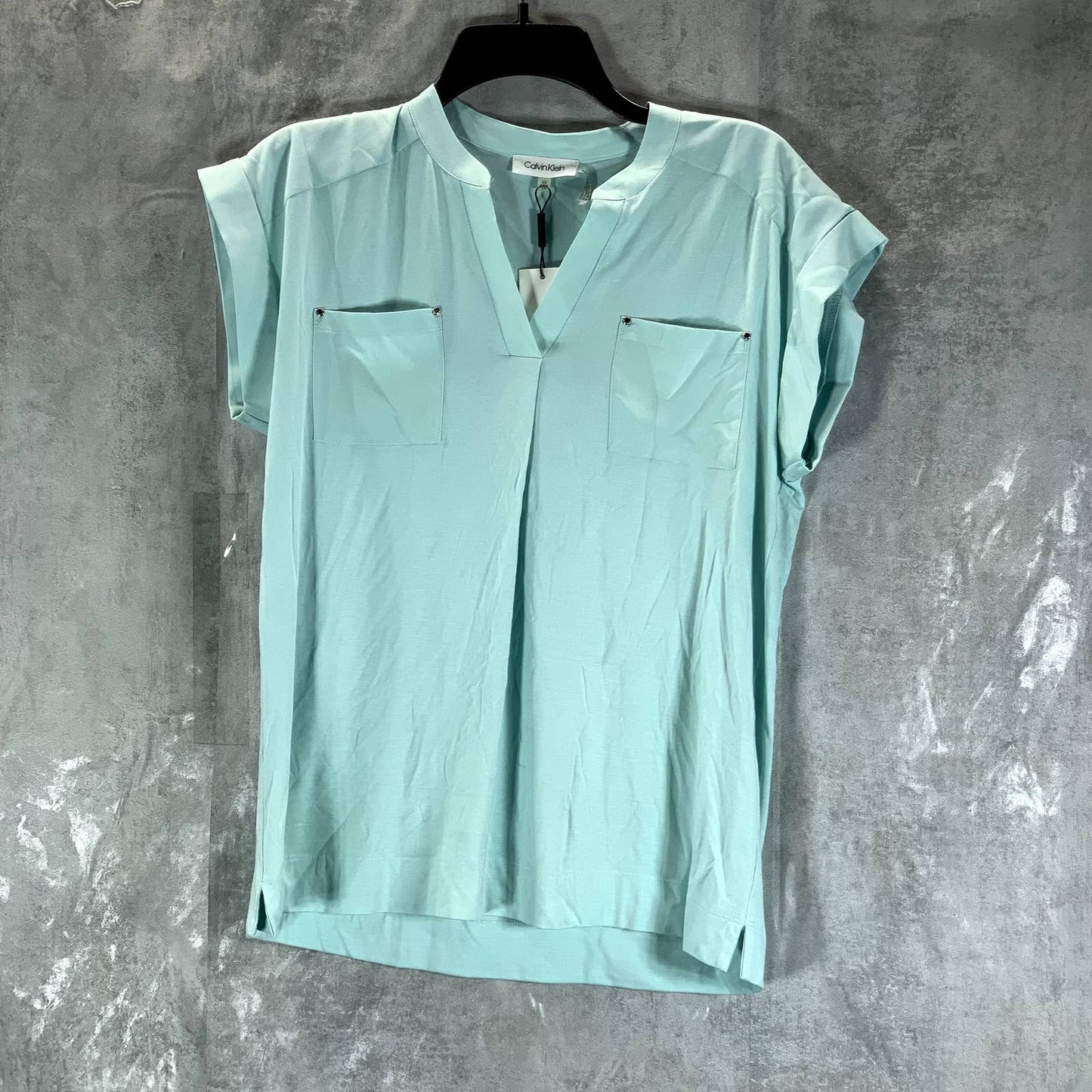 CALVIN KLEIN Women's Seaspray V-Neck Mixed-Texture Short Sleeve Top SZ XS