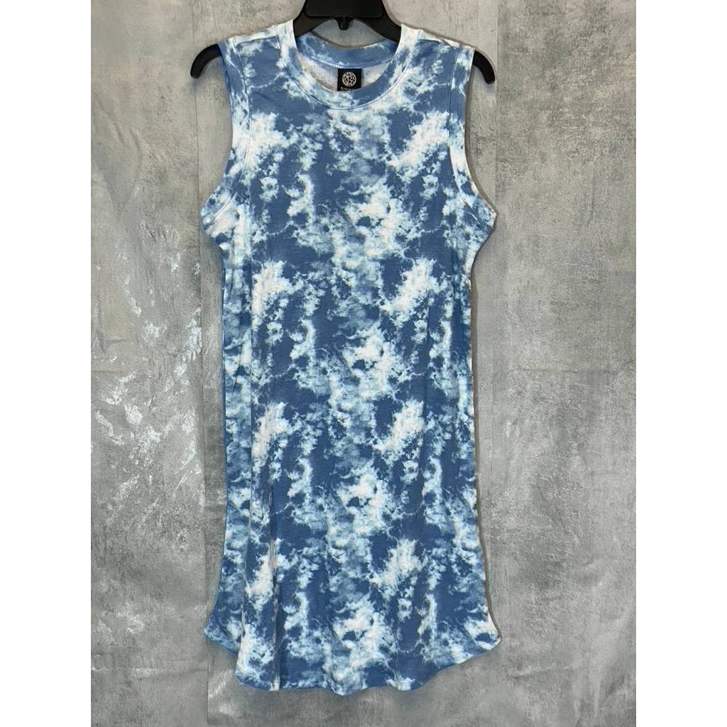 BOBEAU Women's Blue Tie-Dye Ribbed Knit Sleeveless Crewneck Mini Dress SZ M