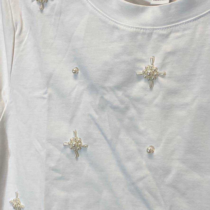 CHARTER CLUB Women's Bright White Bead-Embellished Crewneck Short Sleeve Top SZ S