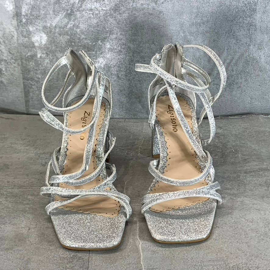 ZIGI SOHO Women's Silver Glitter Emila Strappy Square-Toe Sandals SZ 8