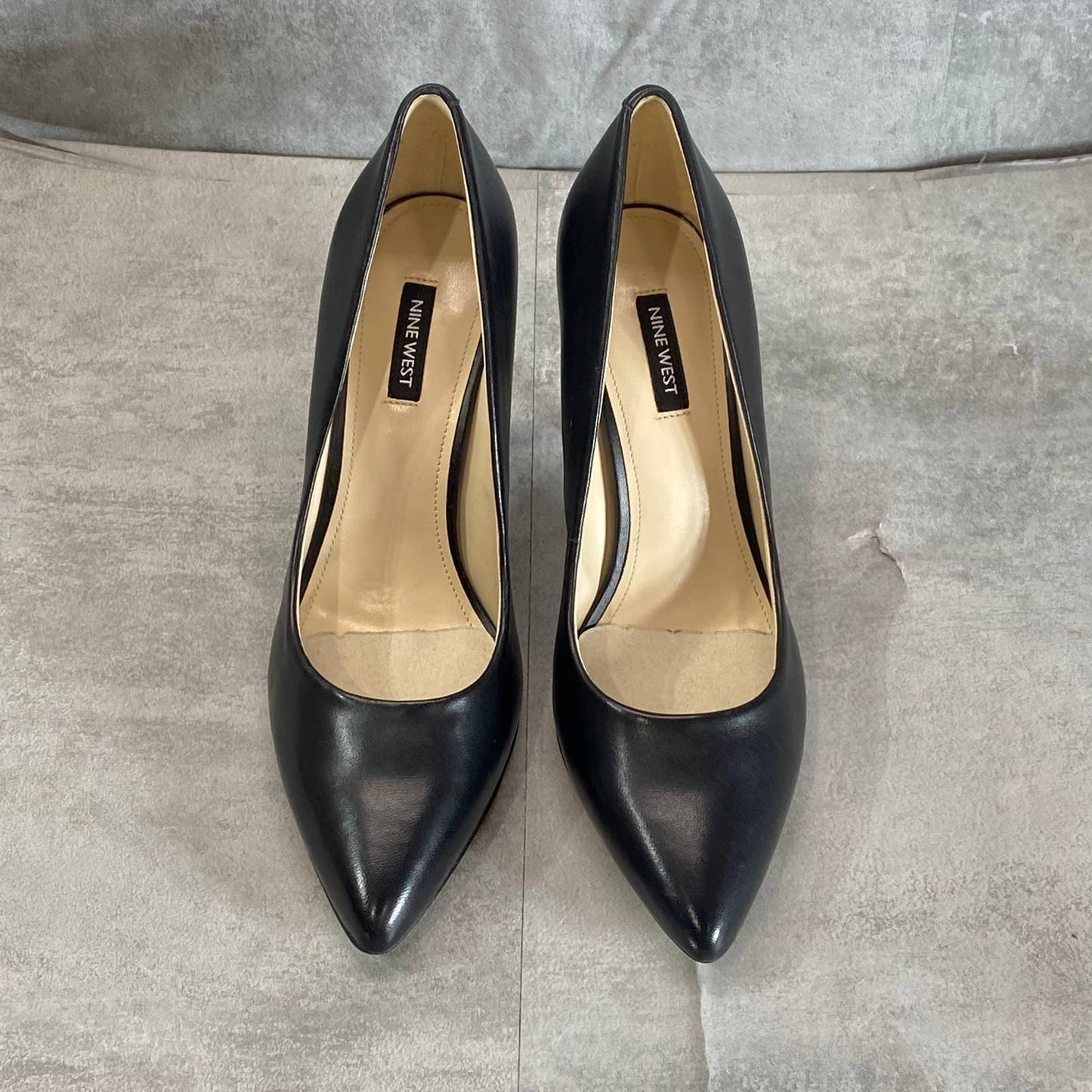 NINE WEST Women's Black Leather Flax Pointed-Toe Stiletto Dress Pumps SZ 9.5