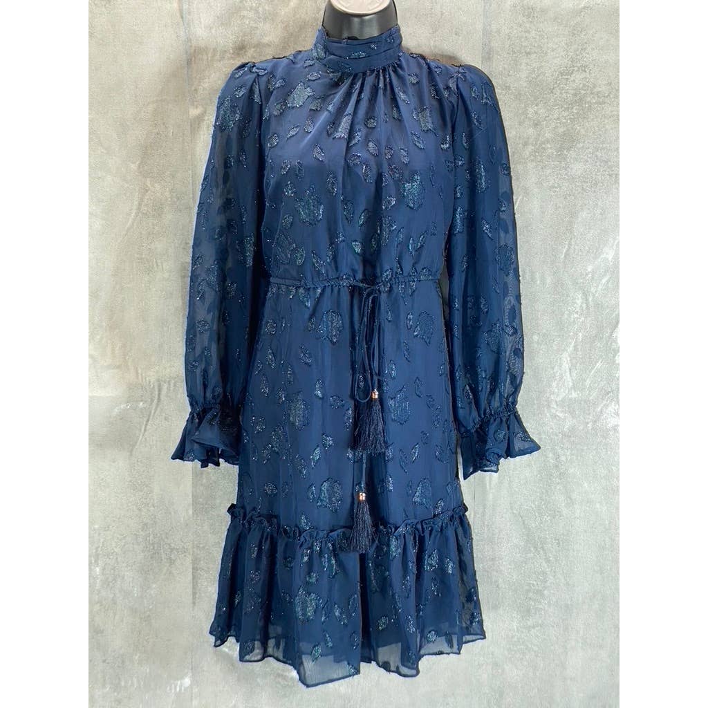 TAYLOR Petite Women's Navy Metallic Ruffle Long-Sleeve Mock-Neck Dress SZ 6P