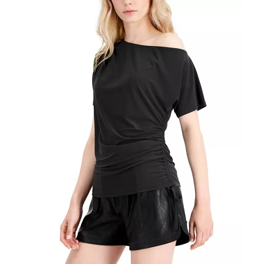 INC INTERNATIONAL CONCEPTS Women's Deep Black Side-Ruched One-Shoulder Top SZ2XL