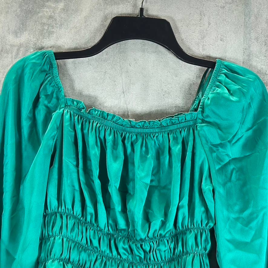 BAR III Women's Mid Green Satin Square-Neck Smocked Puff-Sleeve Top SZ XS