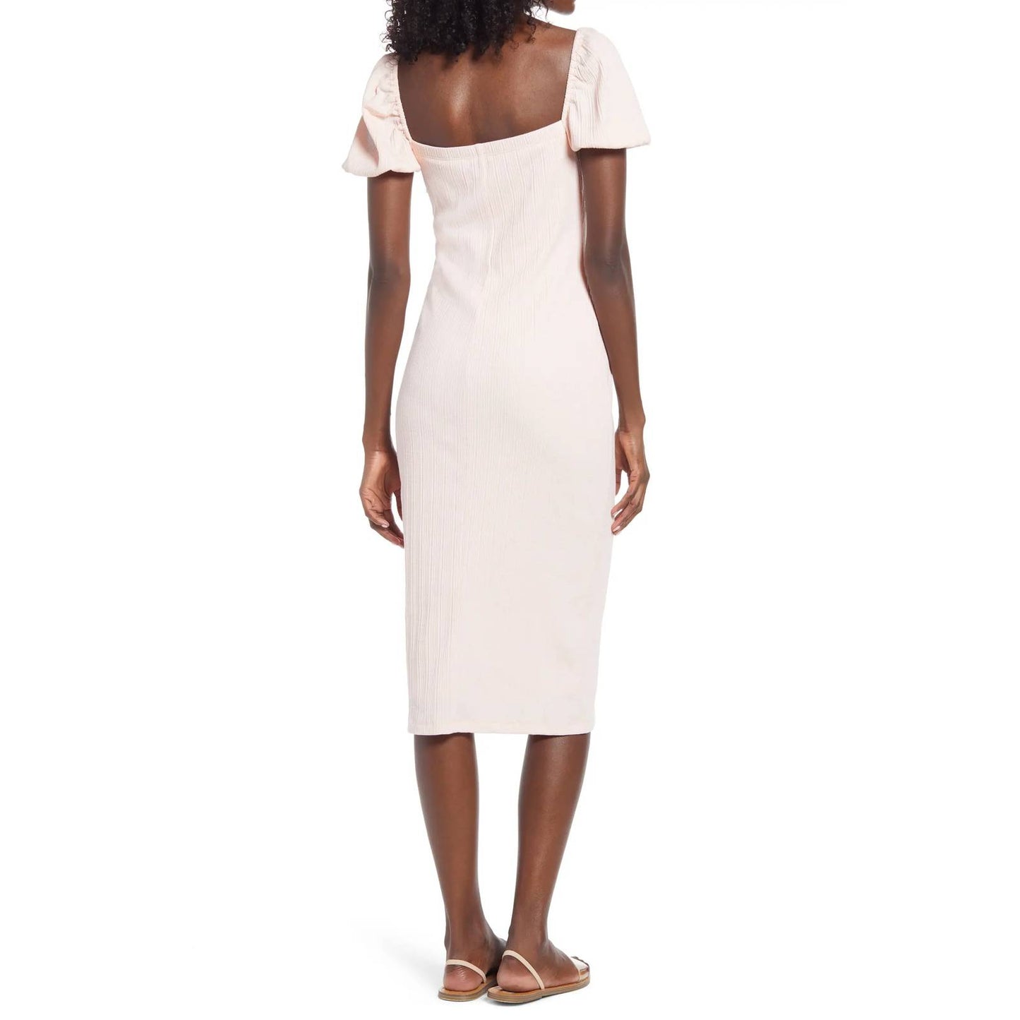 BELLEVUE THE LABEL Women's Nude Pink Rita Bow Short Sleeve Bodice Knit Midi Dress SZ L