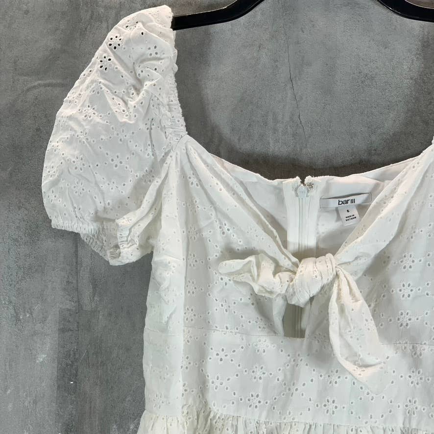 BAR III Women's Bright White Sweetheart Tie-Neck Eyelet Puff-Sleeve Dress SZ 6