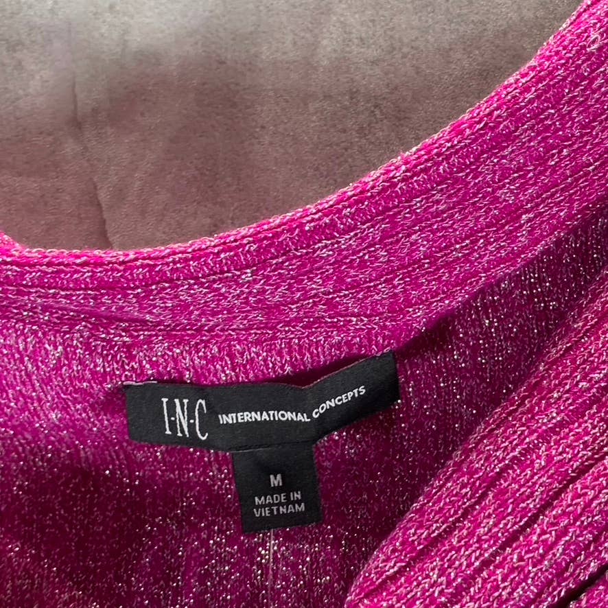 INC Women's Fuchsia Pop Metallic Ribbed Off-The-Shoulder Sweater SZ M