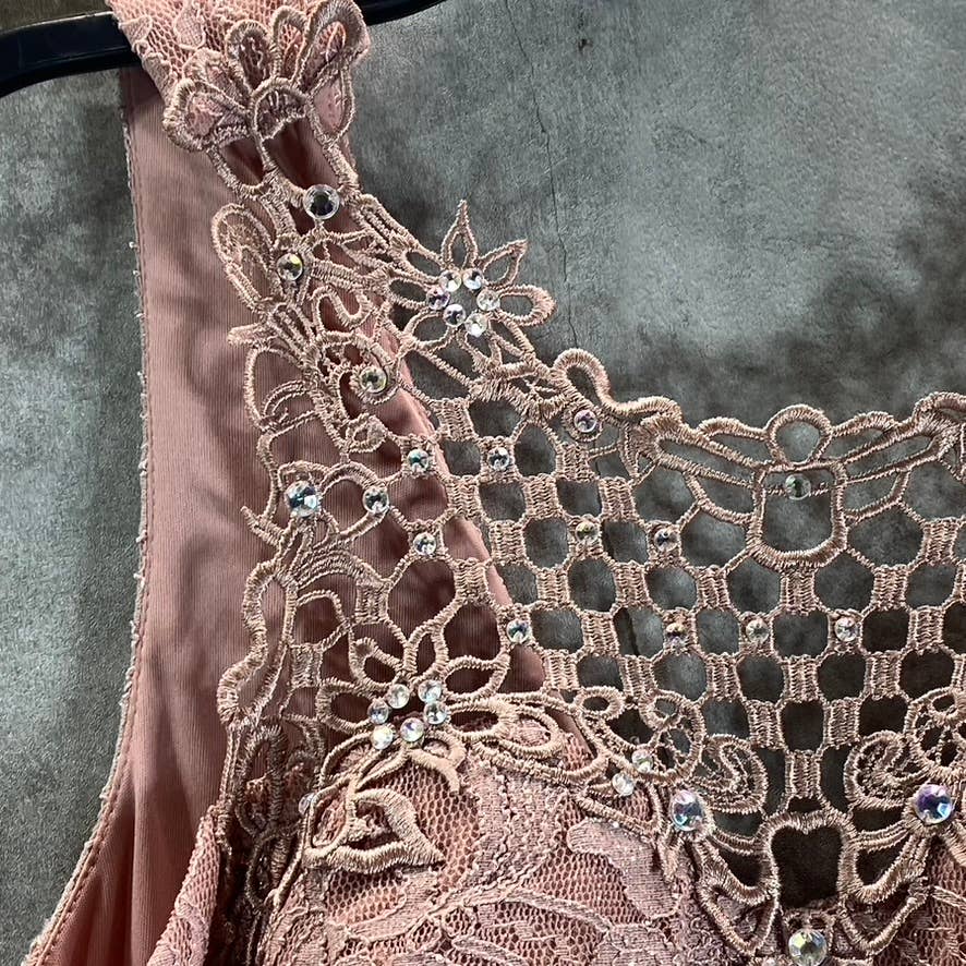 CITY STUDIO Juniors' Pink Scalloped Lace Embellished Illusion Tulip Gown SZ 11