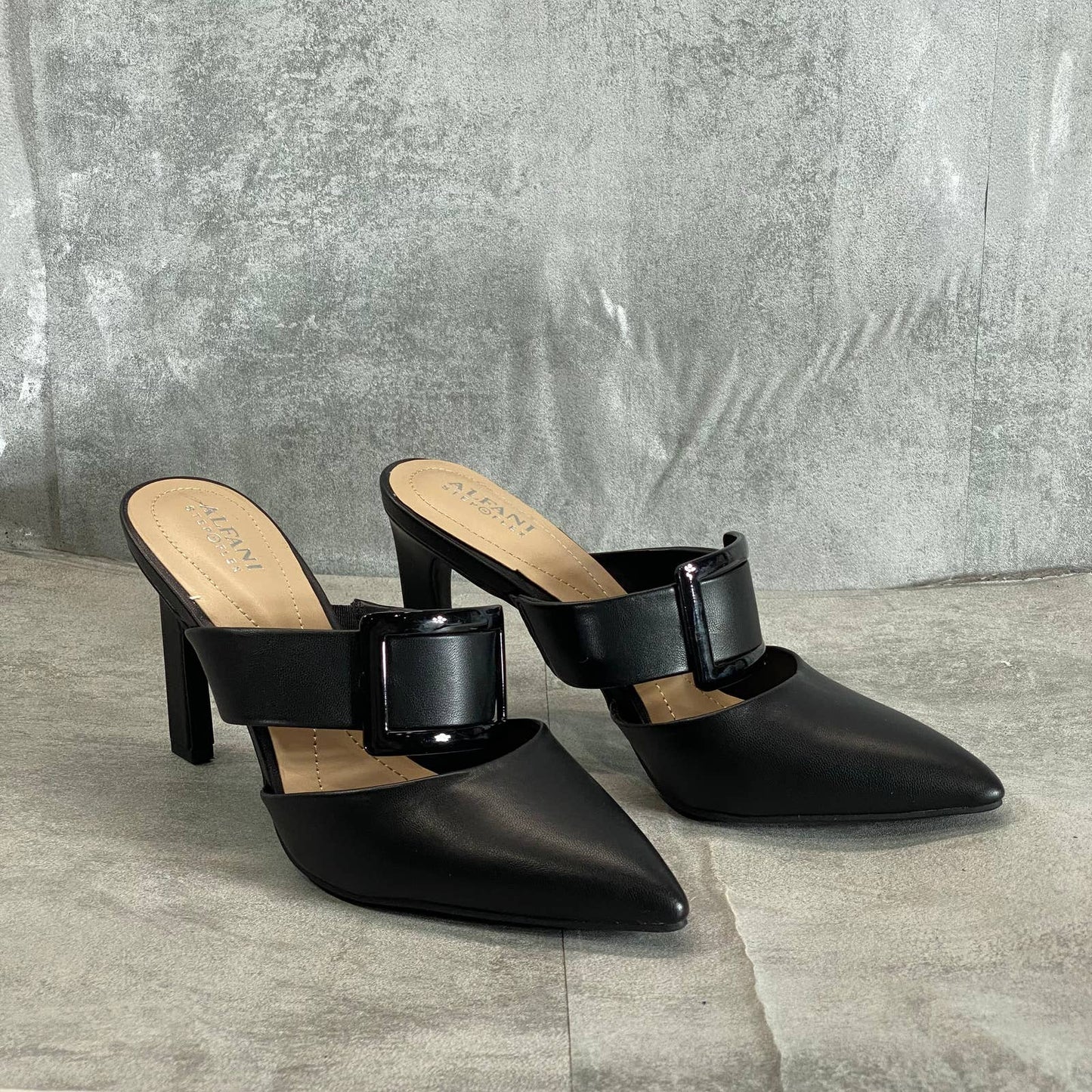 ALFANI Women's Black Smooth Sima Two-Piece Buckle Pointed-Toe Stiletto Mules