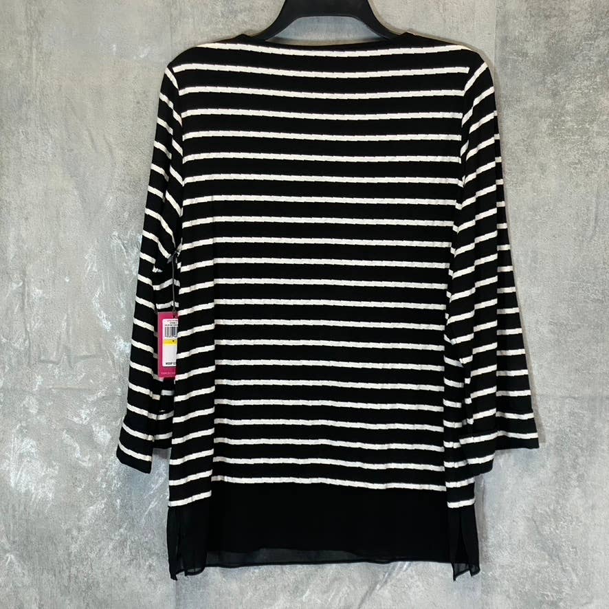 VINCE CAMUTO Women's Rich Black Striped 3/4 Sleeve Boatneck Sheer Hem Top SZ M
