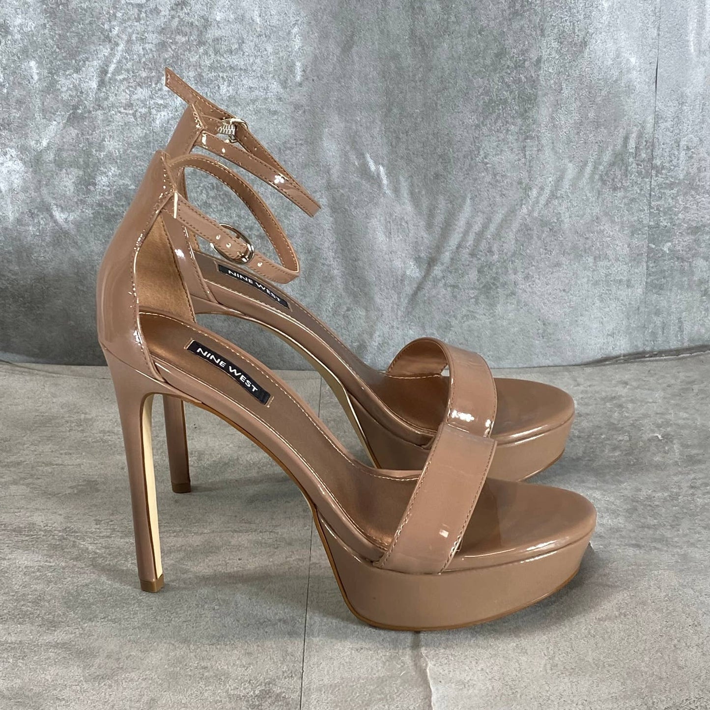 NINE WEST Women's Medium Natural Patent Goou3 Platform Dress Stiletto Sandal SZ8