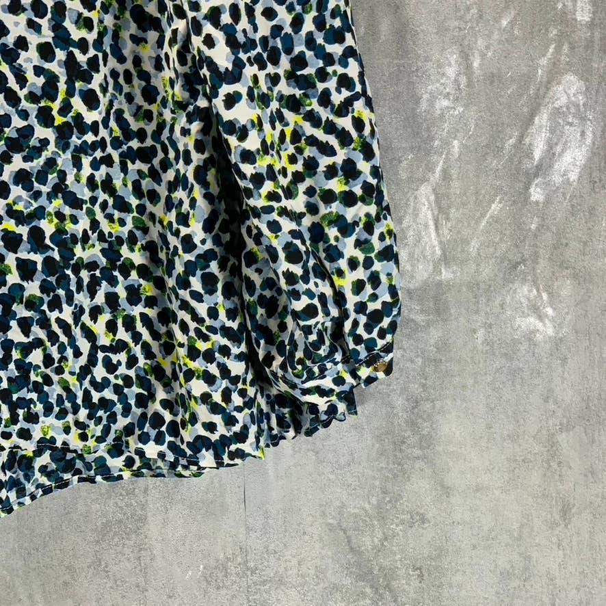 DKNY Women's Blue Animal-Printed Pleated Crewneck 3/4 Sleeve Top SZ M