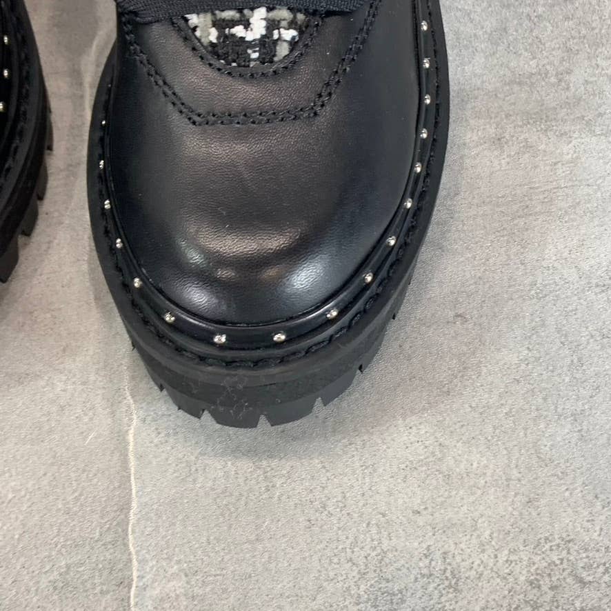 STEVE MADDEN Women's Black Leather Rainier Lace-Up Woven Lug-Sole Boots SZ 6.5