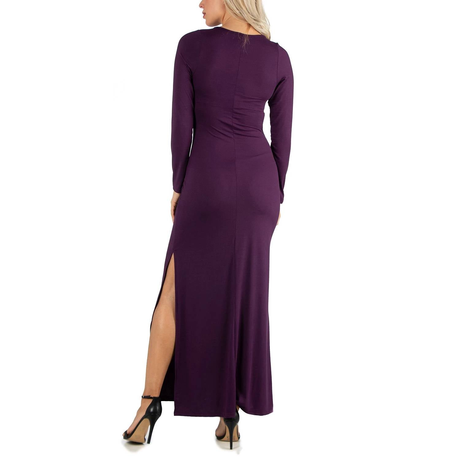 24SEVEN COMFORT APPAREL Purple Form Fitting Long Sleeve Side Slit Maxi Dress SZ XL